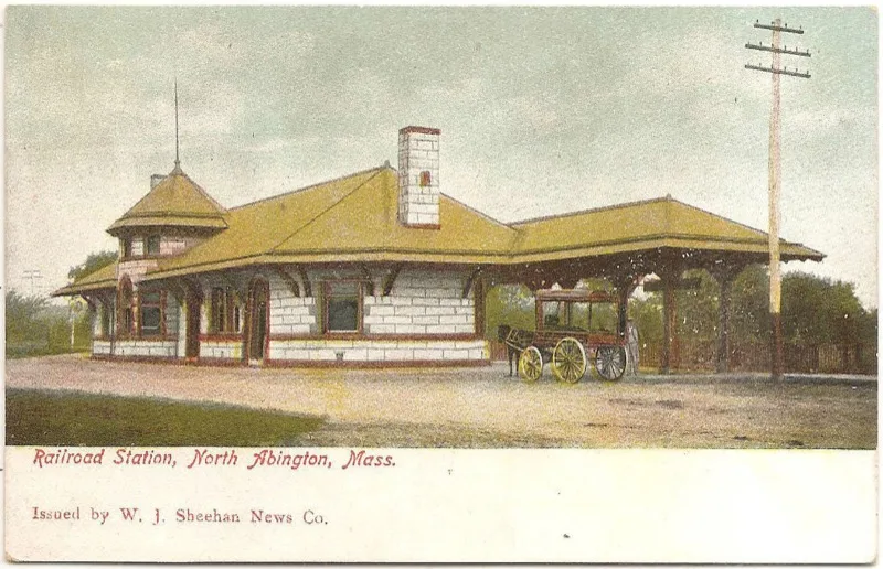 Early 1900s postcard reading “Railroad Station, North Abington, Mass.”